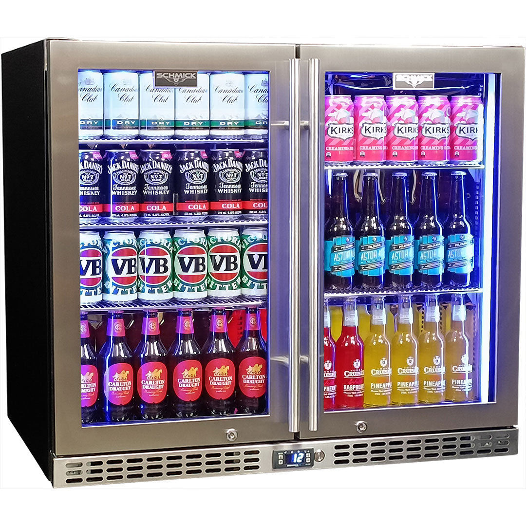 Schmick SK206-HD - Twin Door Quiet Running Stainless Steel Heated Glass Door Bar Fridge - Low Height