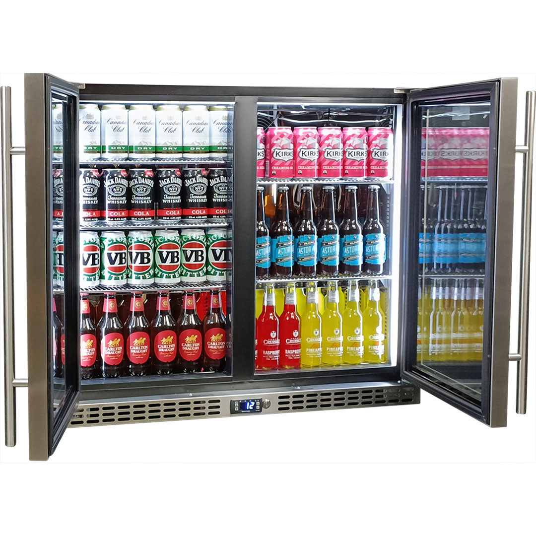 Schmick SK206-HD - Twin Door Quiet Running Stainless Steel Heated Glass Door Bar Fridge - Low Height