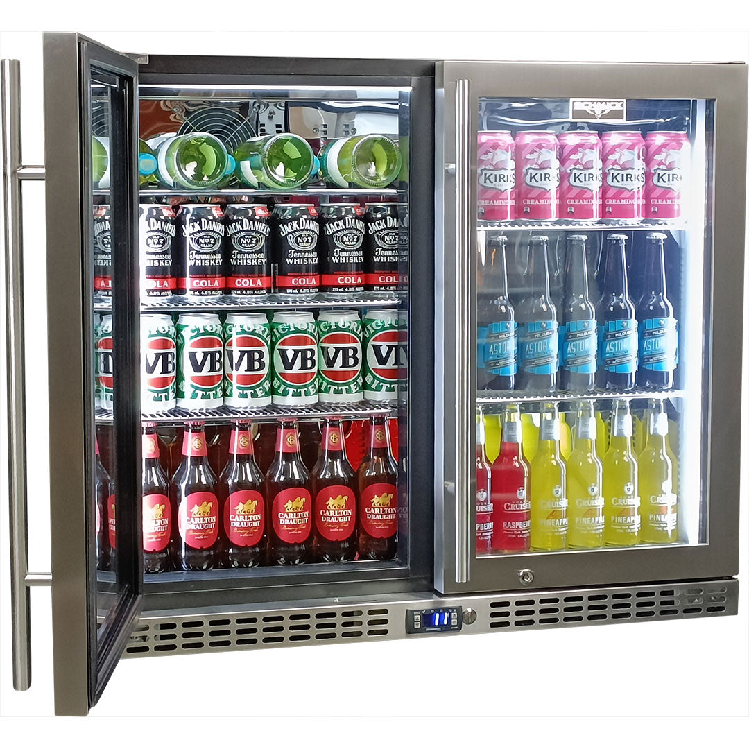 Schmick SK206-SS - Twin Door Quiet Running Stainless Steel Triple Glazed Glass Door Bar Fridge