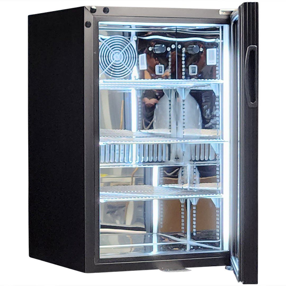 Classy Quiet 69Ltr Heated Glass Bar Fridge With Blue and White Led - Model SK68R-B-HD
