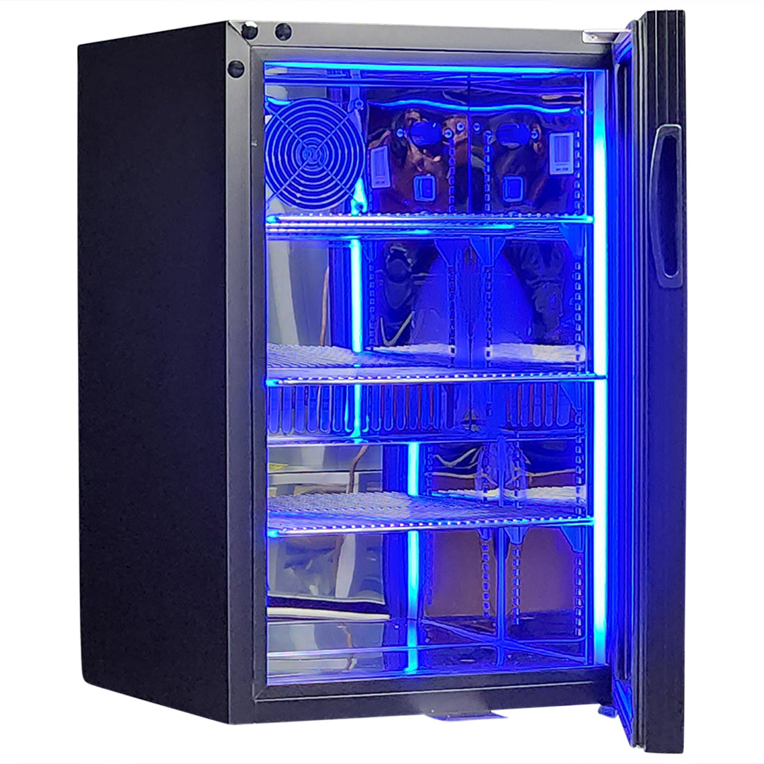 Classy Quiet 69Ltr Heated Glass Bar Fridge With Blue and White Led - Model SK68R-B-HD