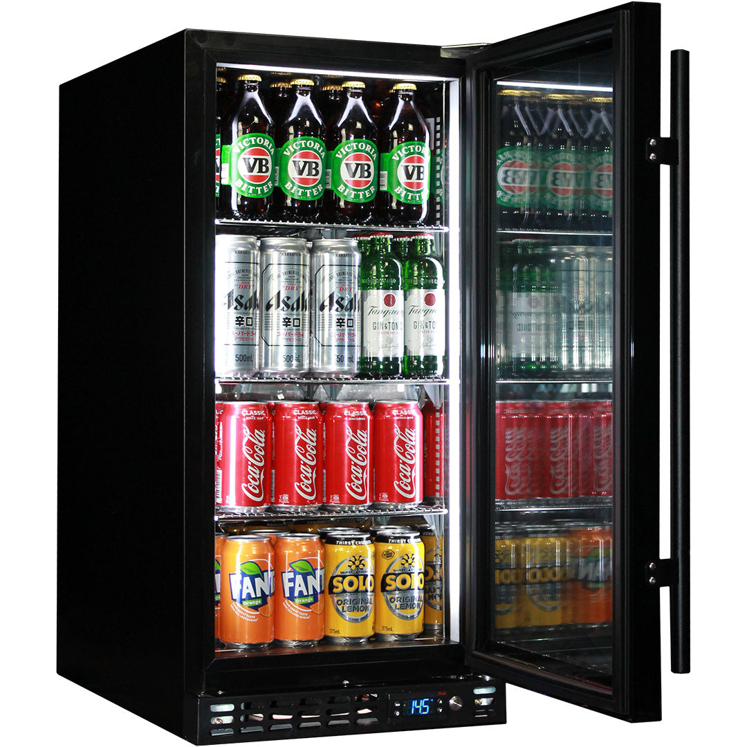 Schmick SK92R-B-HD - Black Quiet Running Front Venting Under Bench Heated Glass Door Bar Fridge