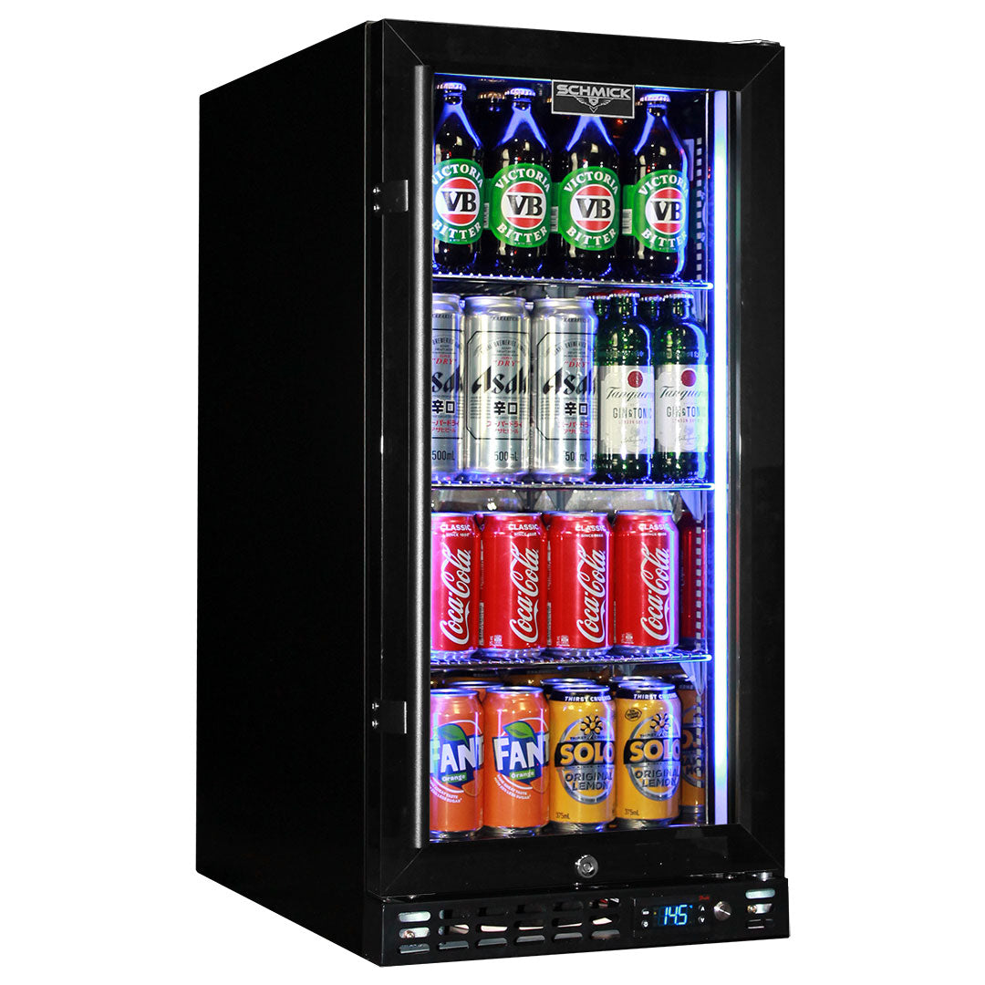 Schmick SK92R-B-HD - Black Quiet Running Front Venting Under Bench Heated Glass Door Bar Fridge