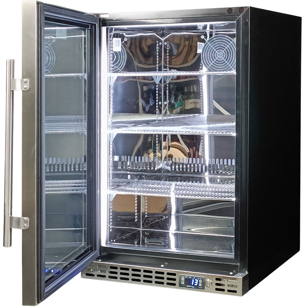 Schmick SK116L-SS - Stainless Steel Quiet Running Front Venting Under Bench Glass Door Bar Fridge