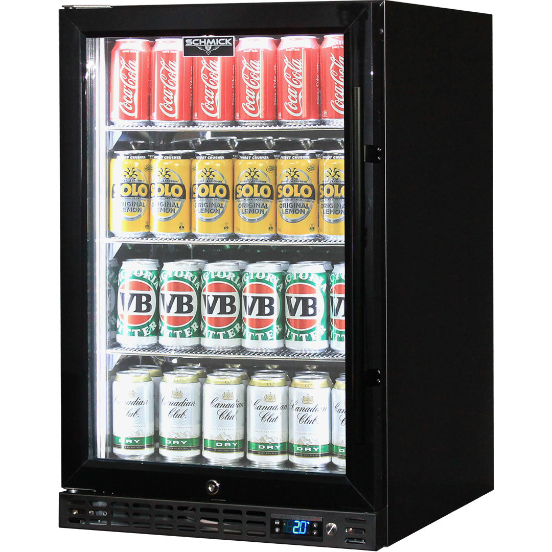 Schmick - SK116L-B-HD – Quiet Running Front Venting Under Bench Heated Glass Door Bar Fridge – 121 Litres