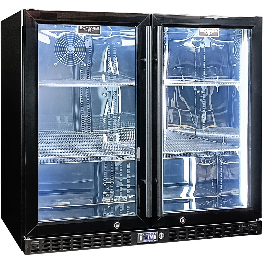 Schmick SK246-B-HD - Twin Door Quiet Running  Black Heated Glass Door Bar Fridge