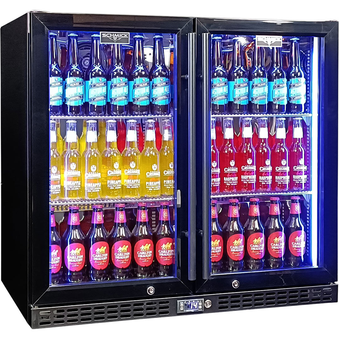 Schmick SK246-B-HD - Twin Door Quiet Running  Black Heated Glass Door Bar Fridge