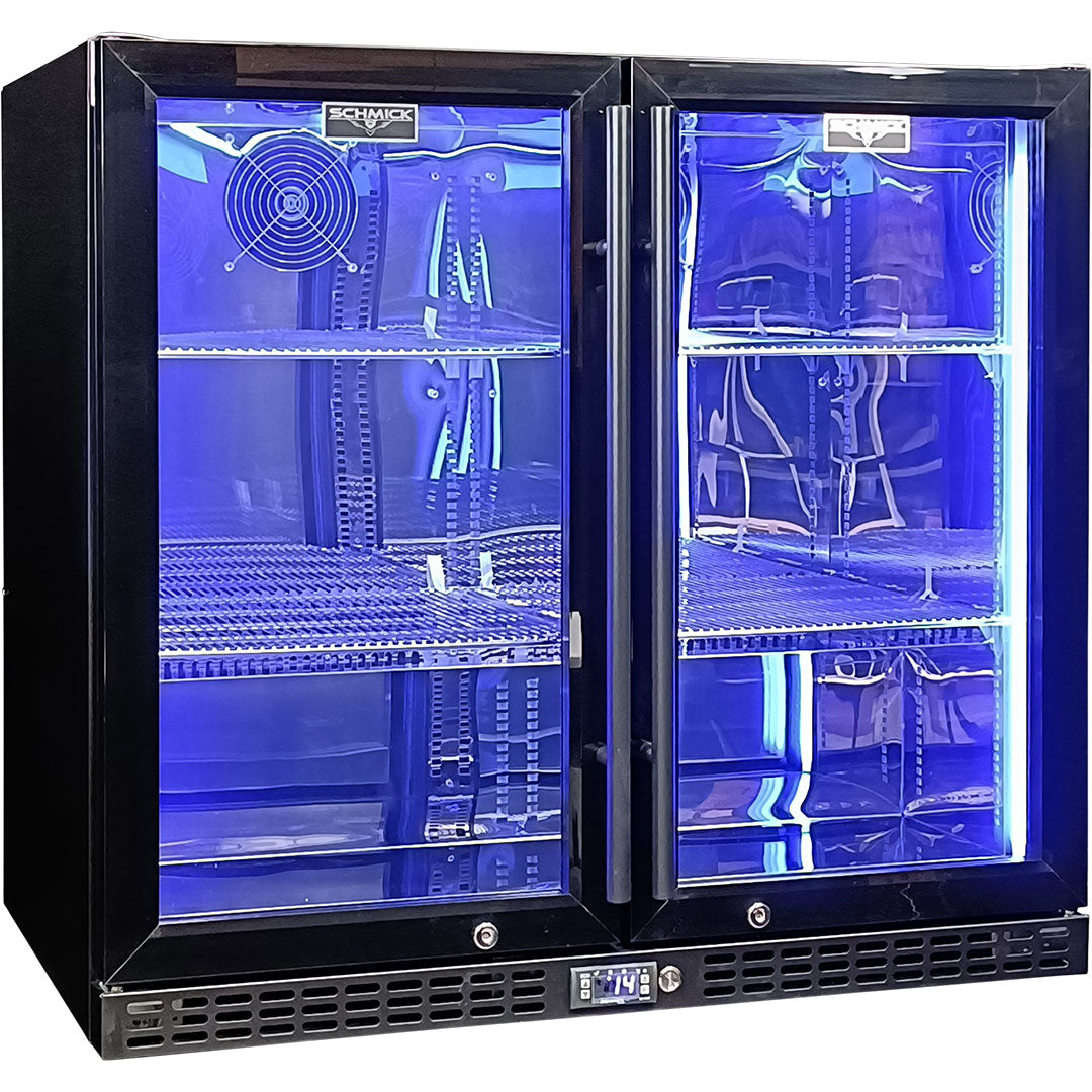 Schmick SK246-B-HD - Twin Door Quiet Running  Black Heated Glass Door Bar Fridge