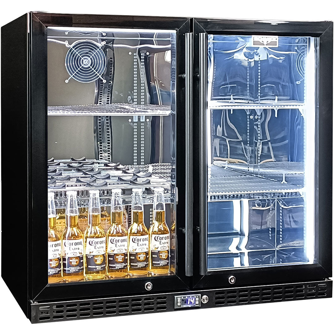 Schmick SK246-B-HD - Twin Door Quiet Running  Black Heated Glass Door Bar Fridge