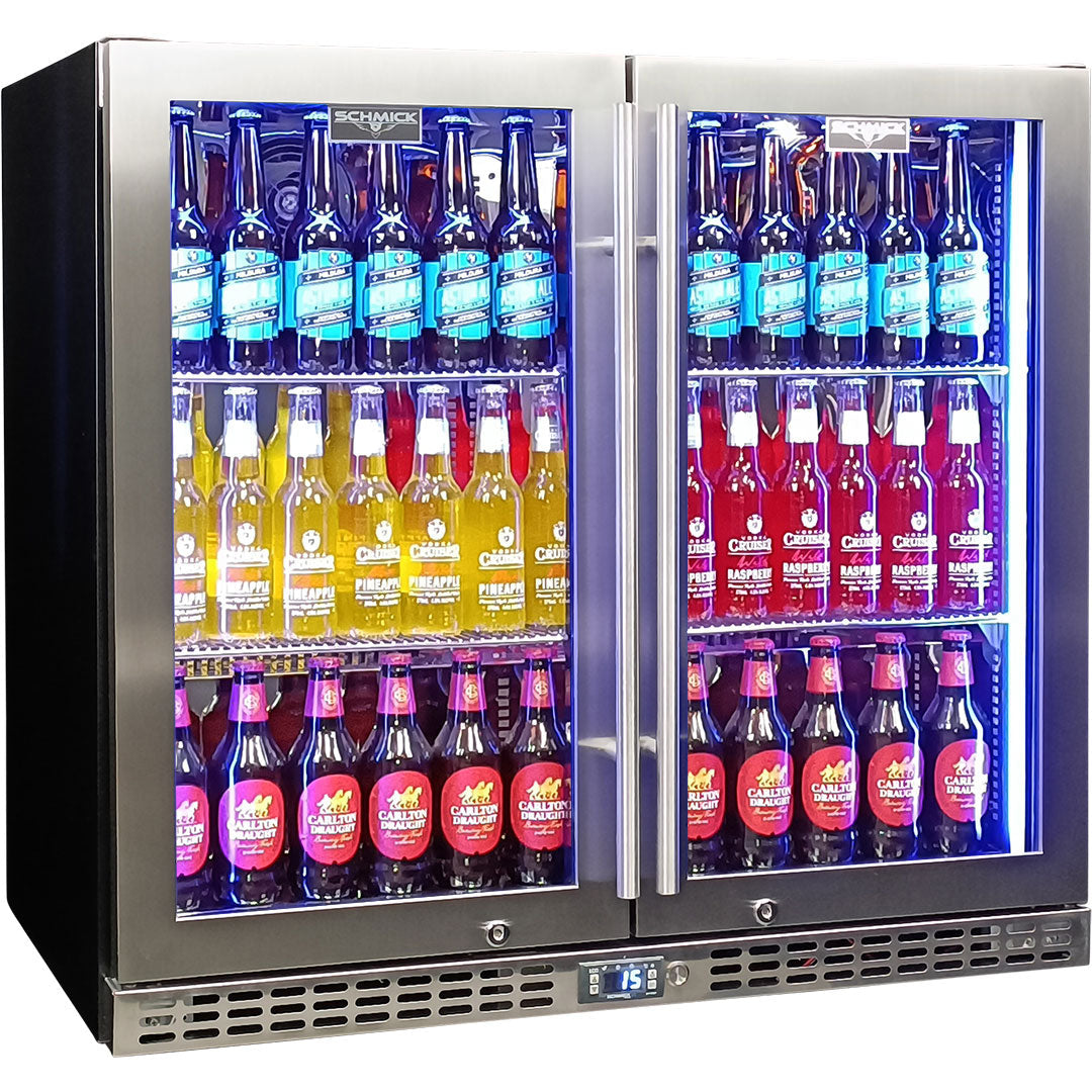 Schmick SK246-HD - Twin Door Quiet Running  Stainless Steel Heated Glass Door Bar Fridge