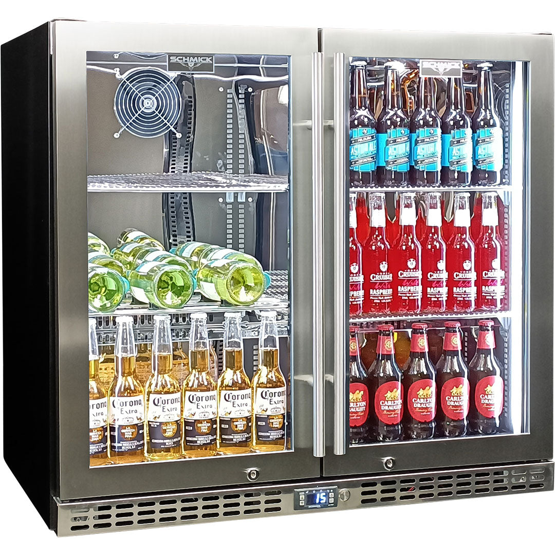 Schmick SK246-HD - Twin Door Quiet Running  Stainless Steel Heated Glass Door Bar Fridge