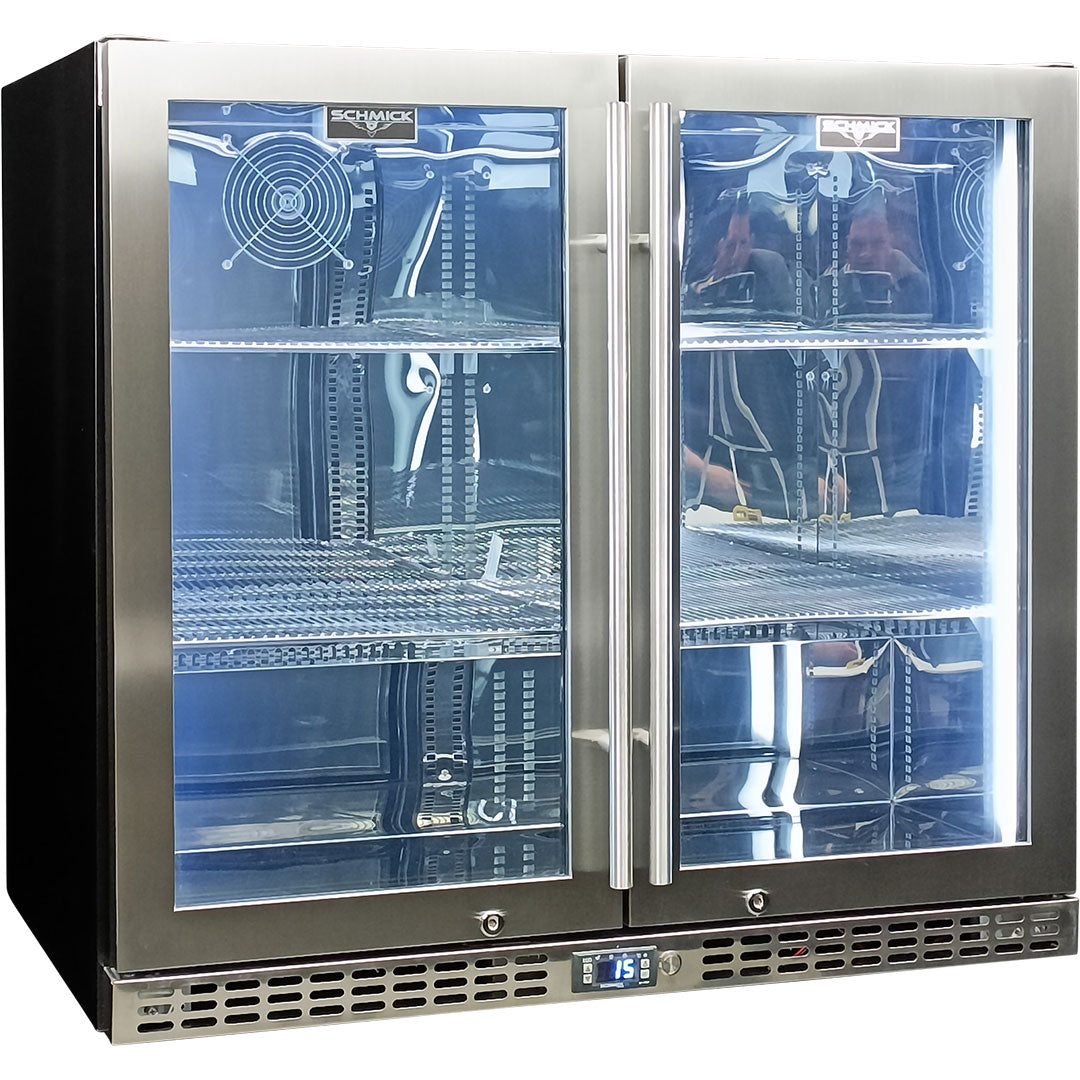 Schmick SK246-SS - Twin Door Quiet Running Stainless Triple Glazed Glass Door Bar Fridge