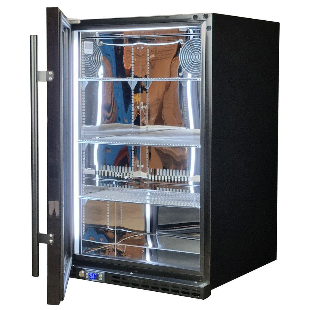 Schmick SK146L-B-HD - Black Quiet Front Venting Under Bench Heated Glass Door Bar Fridge
