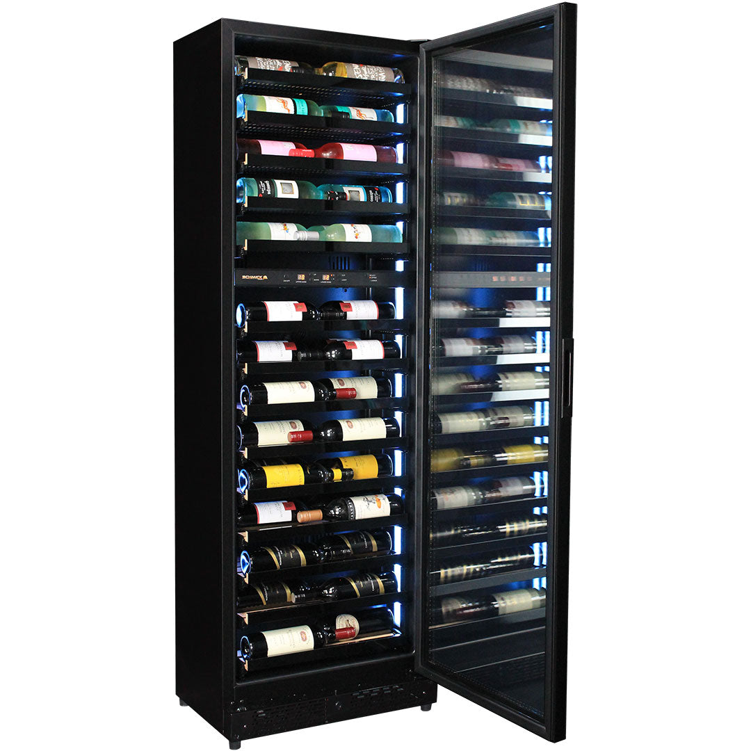 Schmick SK168D - Upright Super Slim Depth Quiet Running Glass Front 2 Zone Wine Fridge With 5 x LED Colour Options