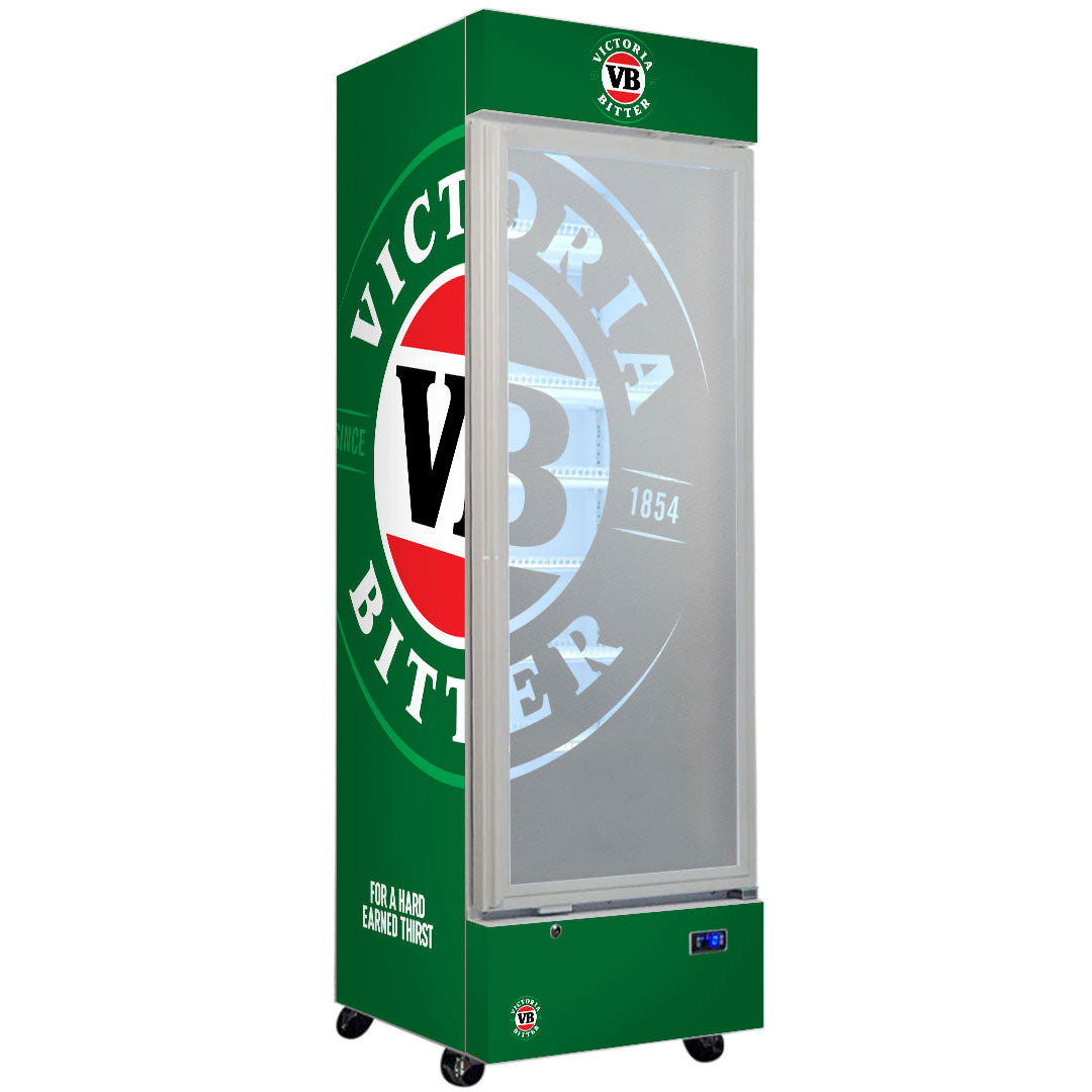 Victoria Bitter Branded Design - Upright Quiet Running Glass Door Bar Fridge - Model SC372W-VB1