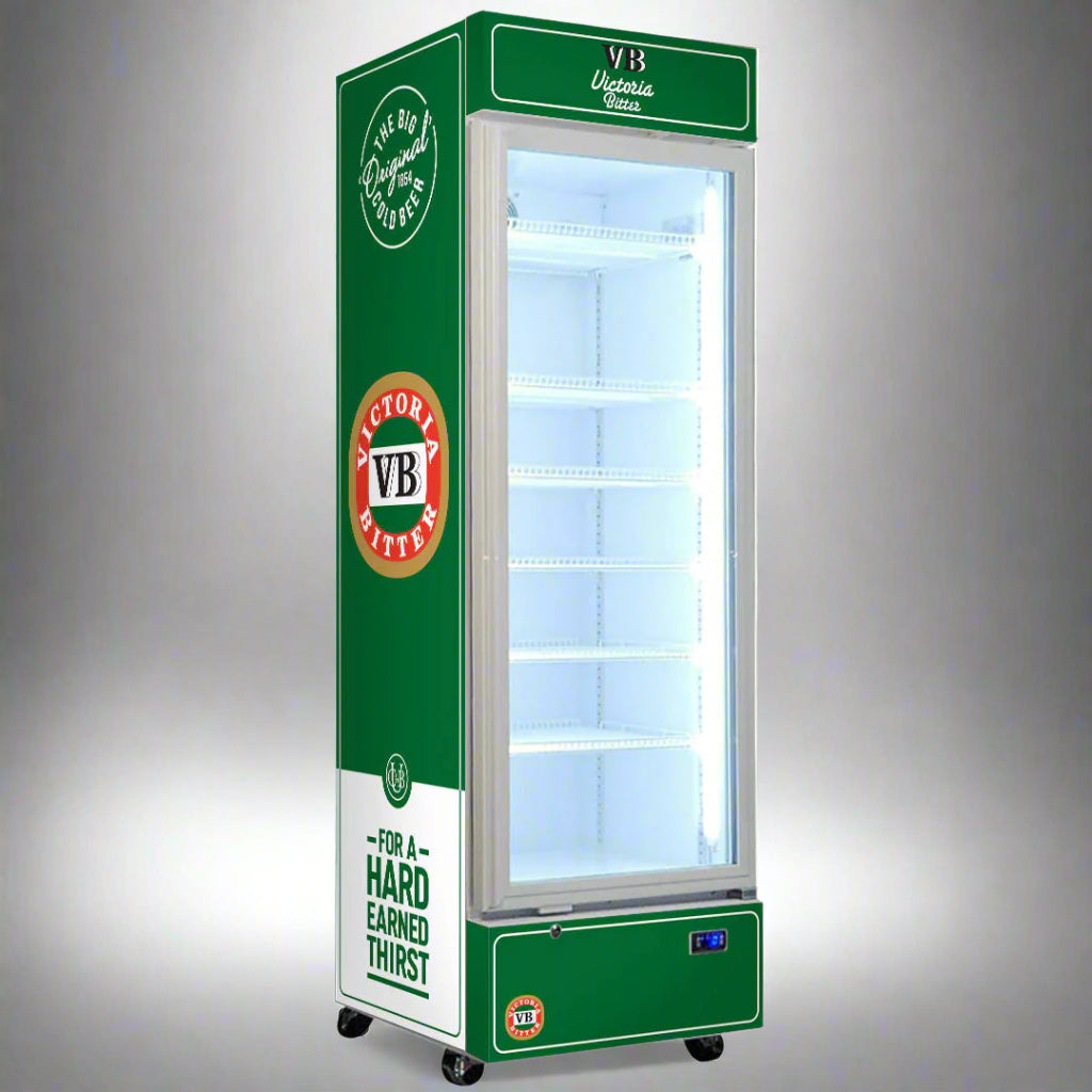 Original Victoria Bitter Branded Design - Upright Quiet Running Glass Door Bar Fridge - Model SC372W-VB2