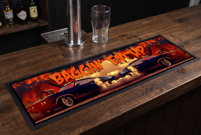 Baggin' Em Up Premium Rubber-Backed Bar Mat Runner on a bar top