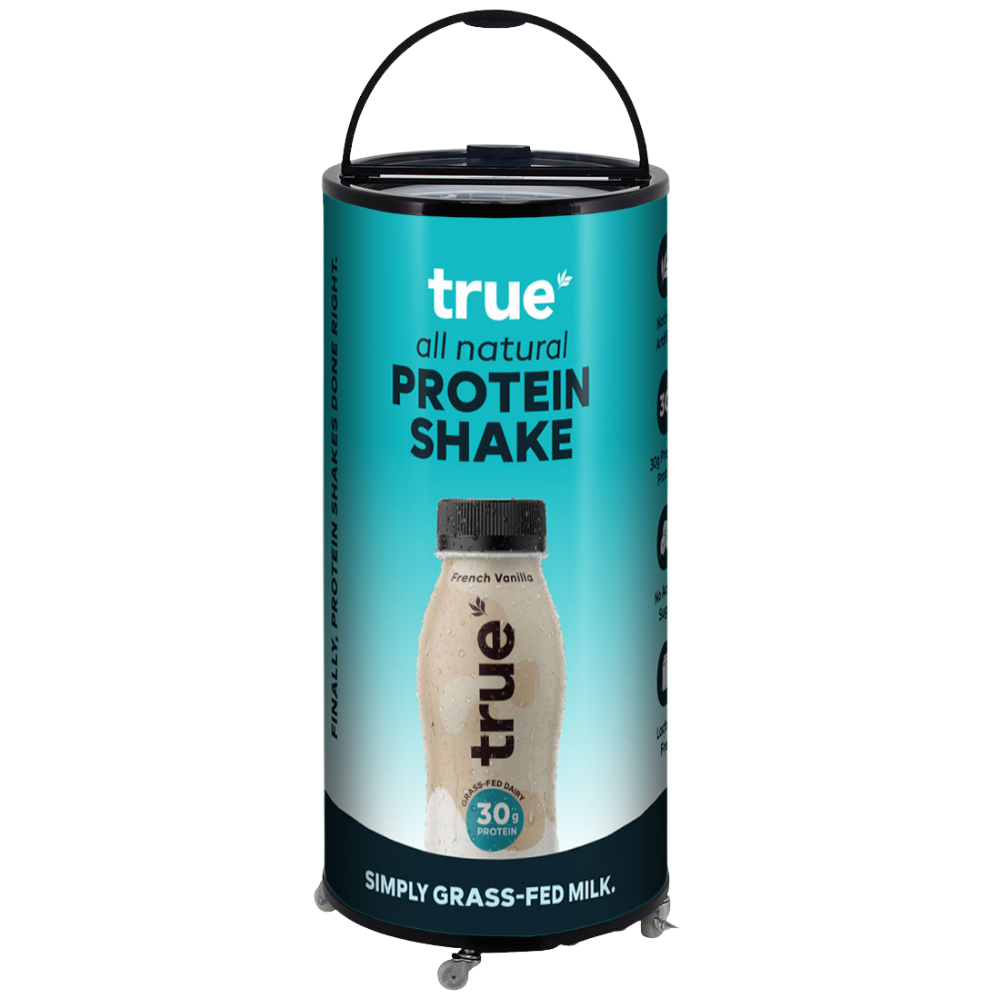 Custom Branded Bar Fridge | 65L Party Tube — branded example: barrel - True Protein Shake - Custom Branded Fridge
