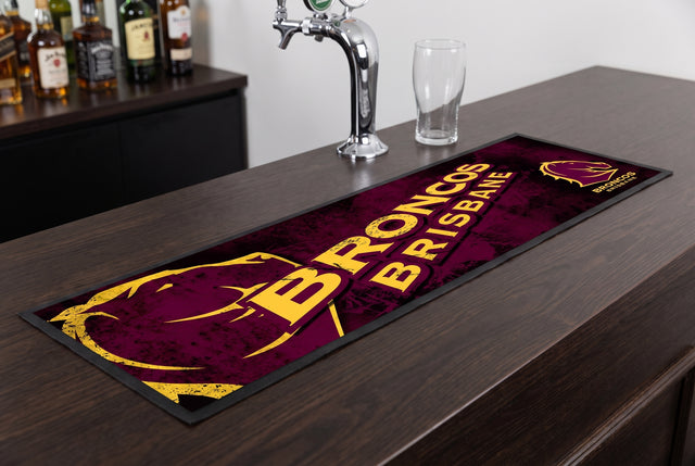 Brisbane Broncos NRL Premium Rubber-Backed Bar Mat Runner on a bar top