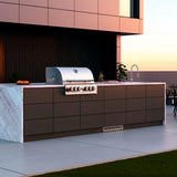 Blastcool iXP1-840-R fully integrated into an alfresco kitchen run, door closed and faced with a matching cabinet panel so only the stainless kickboard ventilation grille is visible
