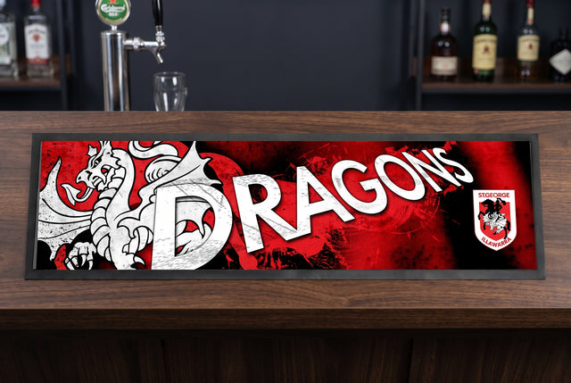 St George-Illawarra Dragons NRL Premium Rubber-Backed Bar Mat Runner on a bar top