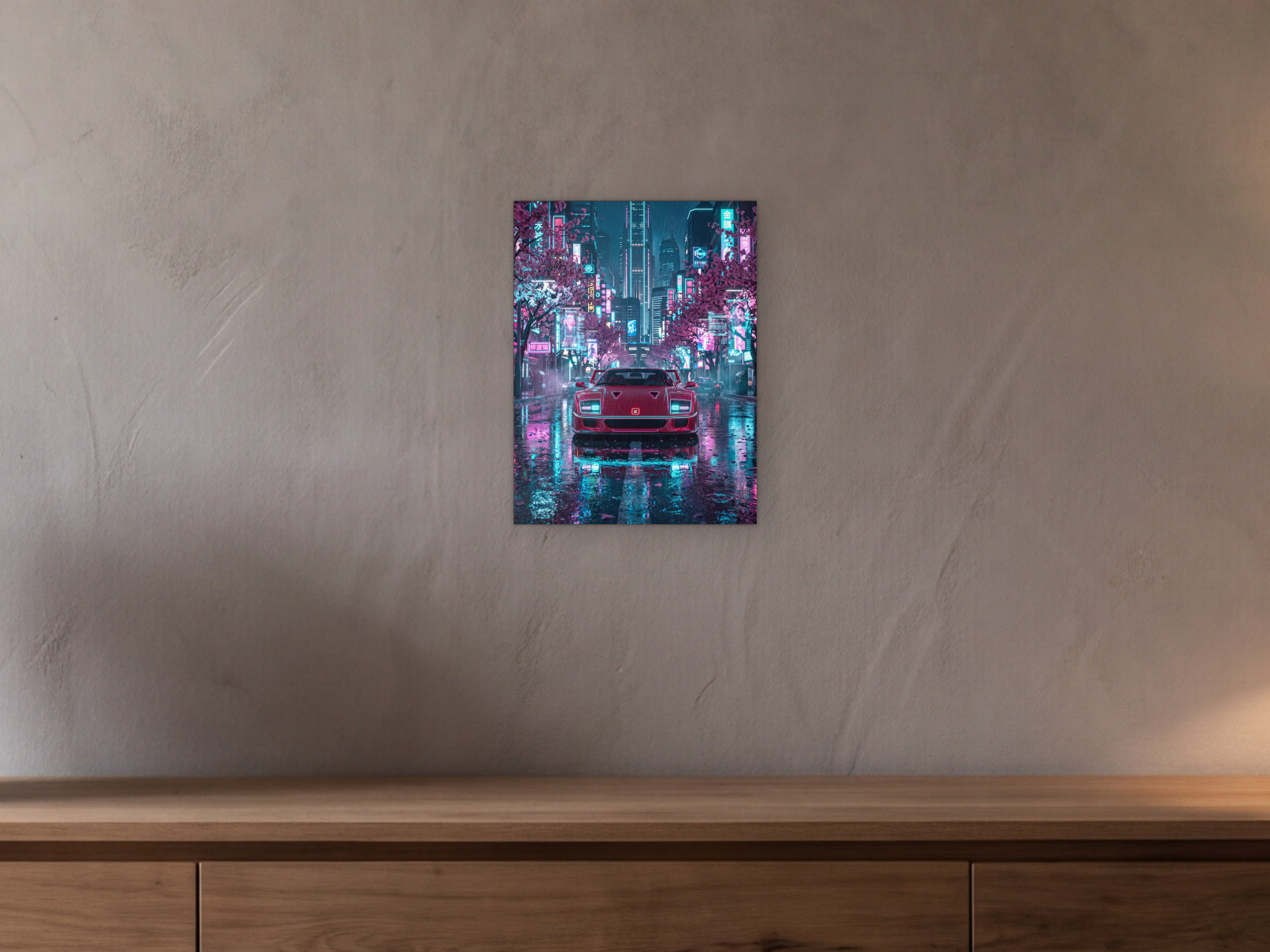 Ferrari F40 - Blossom City shown in a beamed room with a greige plaster wall above a long oak sideboard - scale render at 30 x 40 cm