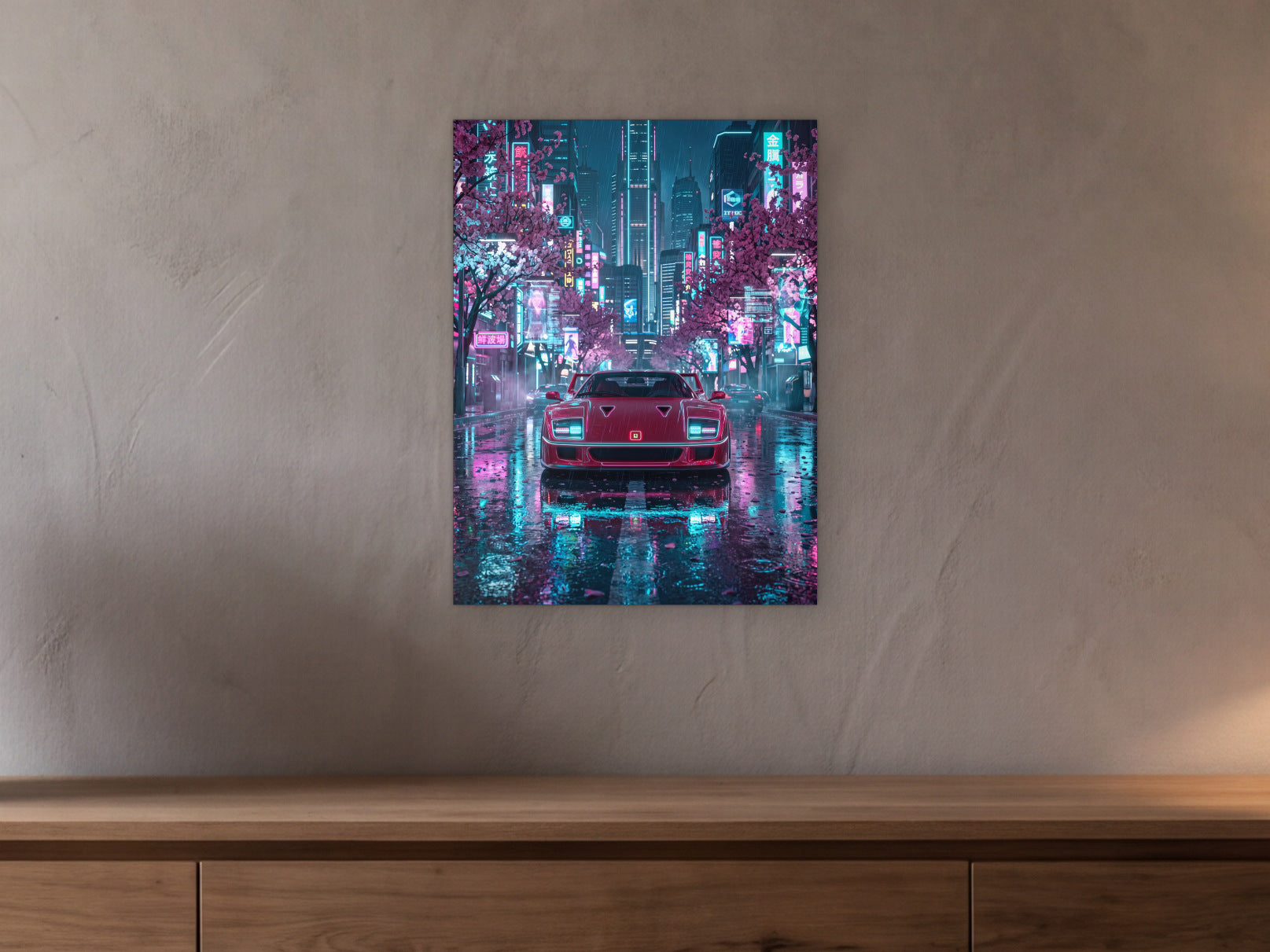 Ferrari F40 - Blossom City shown in a beamed room with a greige plaster wall above a long oak sideboard - scale render at 45 x 60 cm