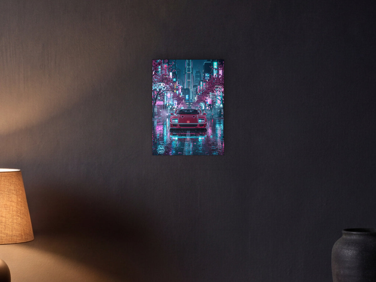 Ferrari F40 - Blossom City shown in a graphite plaster wall at night, lit by a console lamp - scale render at 30 x 40 cm