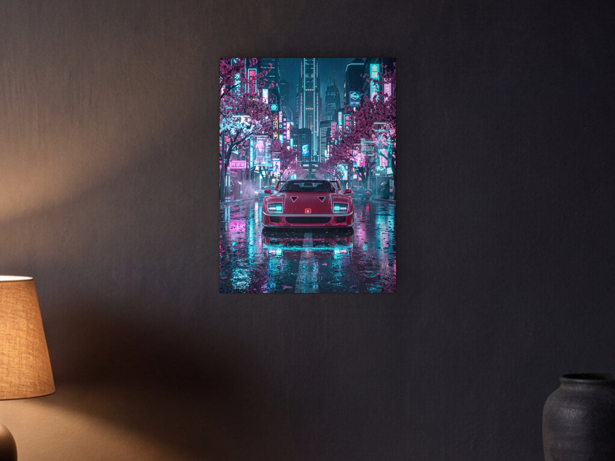 Ferrari F40 - Blossom City shown in a graphite plaster wall at night, lit by a console lamp - scale render at 45 x 60 cm