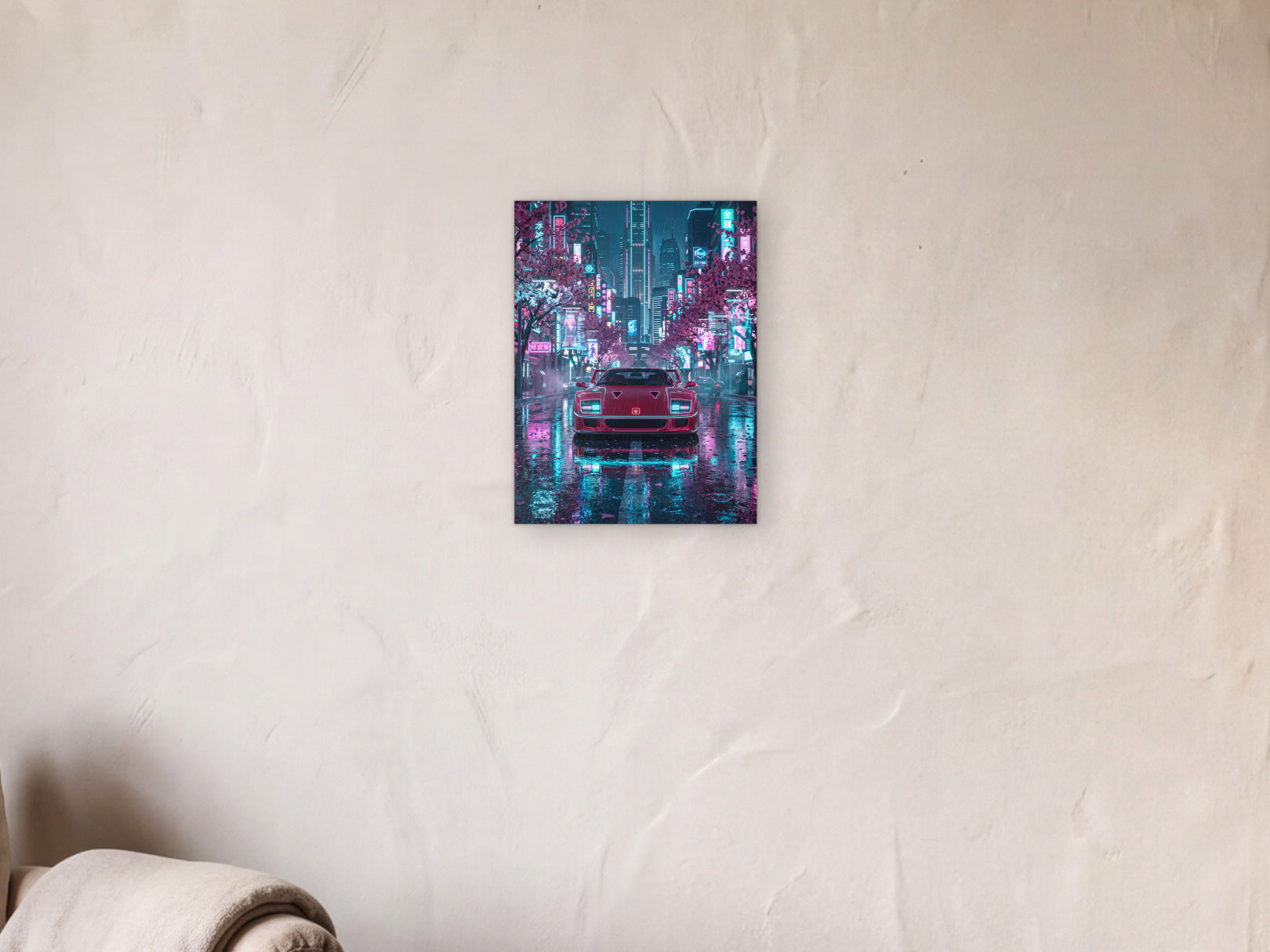 Ferrari F40 - Blossom City shown in a limewash reading corner beside an armchair and a floor lamp - scale render at 30 x 40 cm