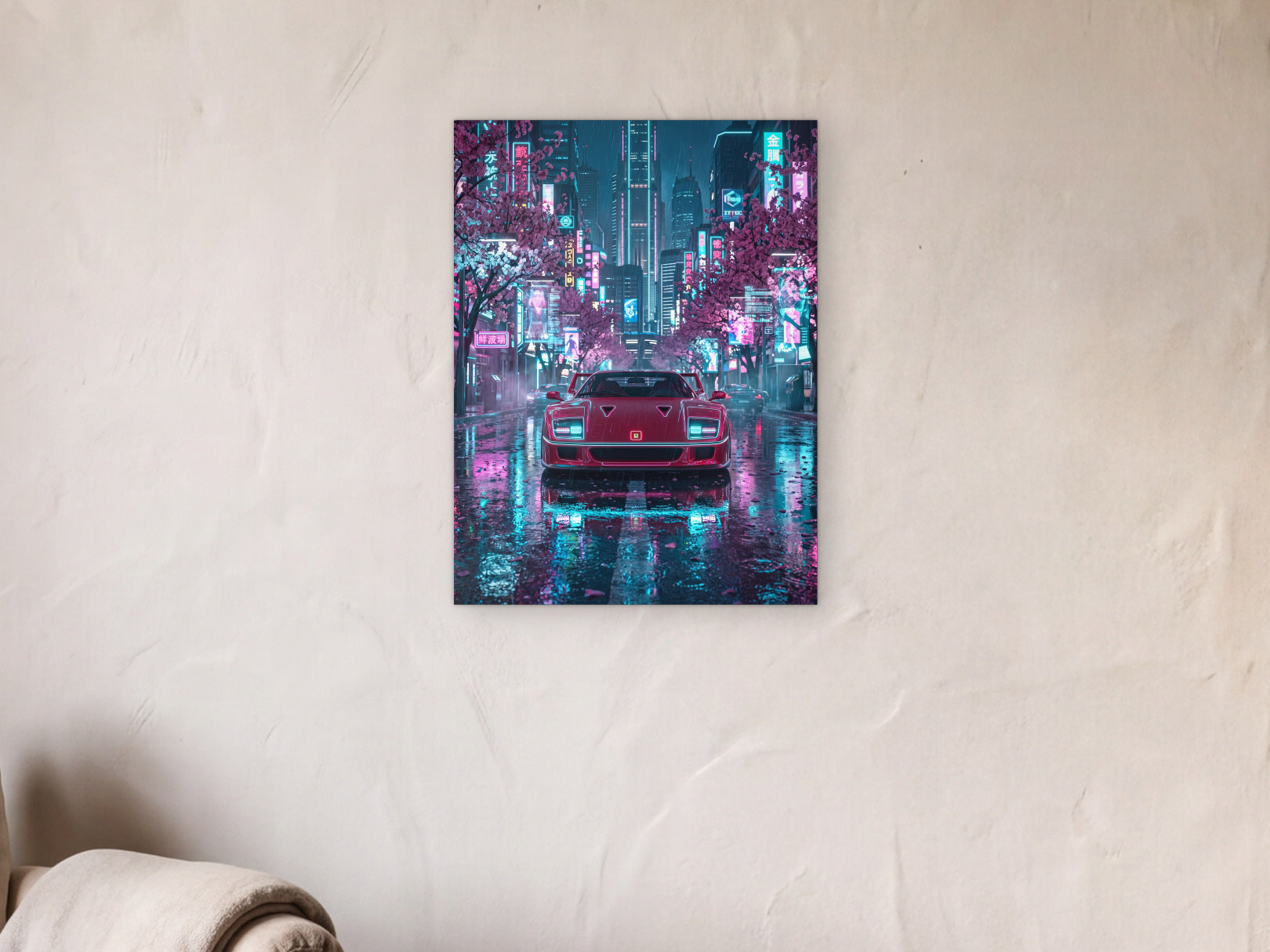 Ferrari F40 - Blossom City shown in a limewash reading corner beside an armchair and a floor lamp - scale render at 45 x 60 cm