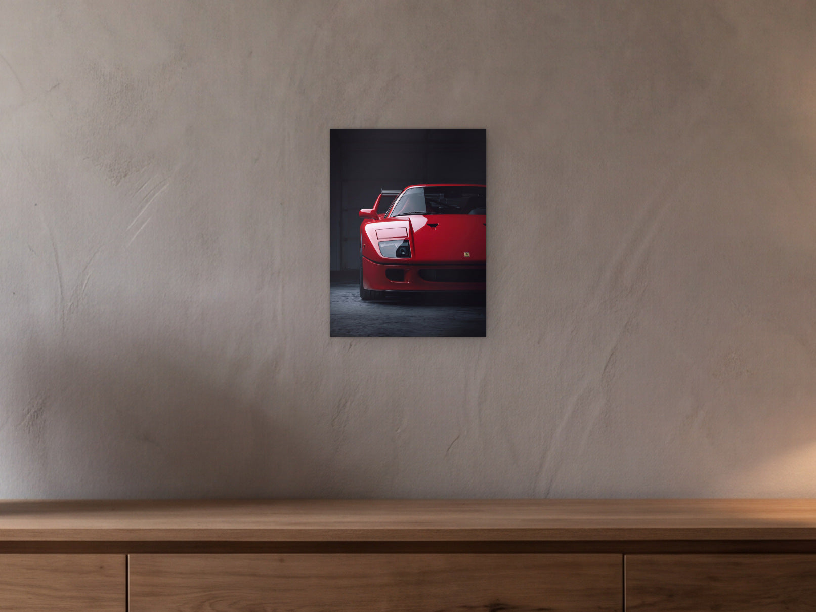 Ferrari F40 - Dark Garage shown in a beamed room with a greige plaster wall above a long oak sideboard - scale render at 30 x 40 cm