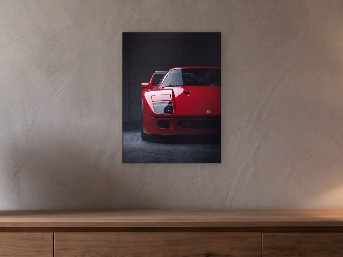 Ferrari F40 - Dark Garage shown in a beamed room with a greige plaster wall above a long oak sideboard - scale render at 45 x 60 cm