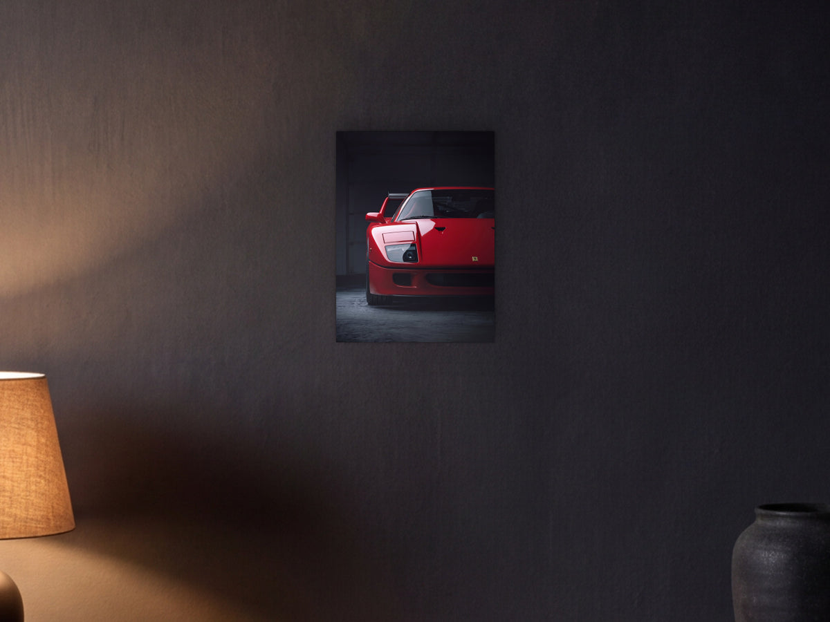 Ferrari F40 - Dark Garage shown in a graphite plaster wall at night, lit by a console lamp - scale render at 30 x 40 cm
