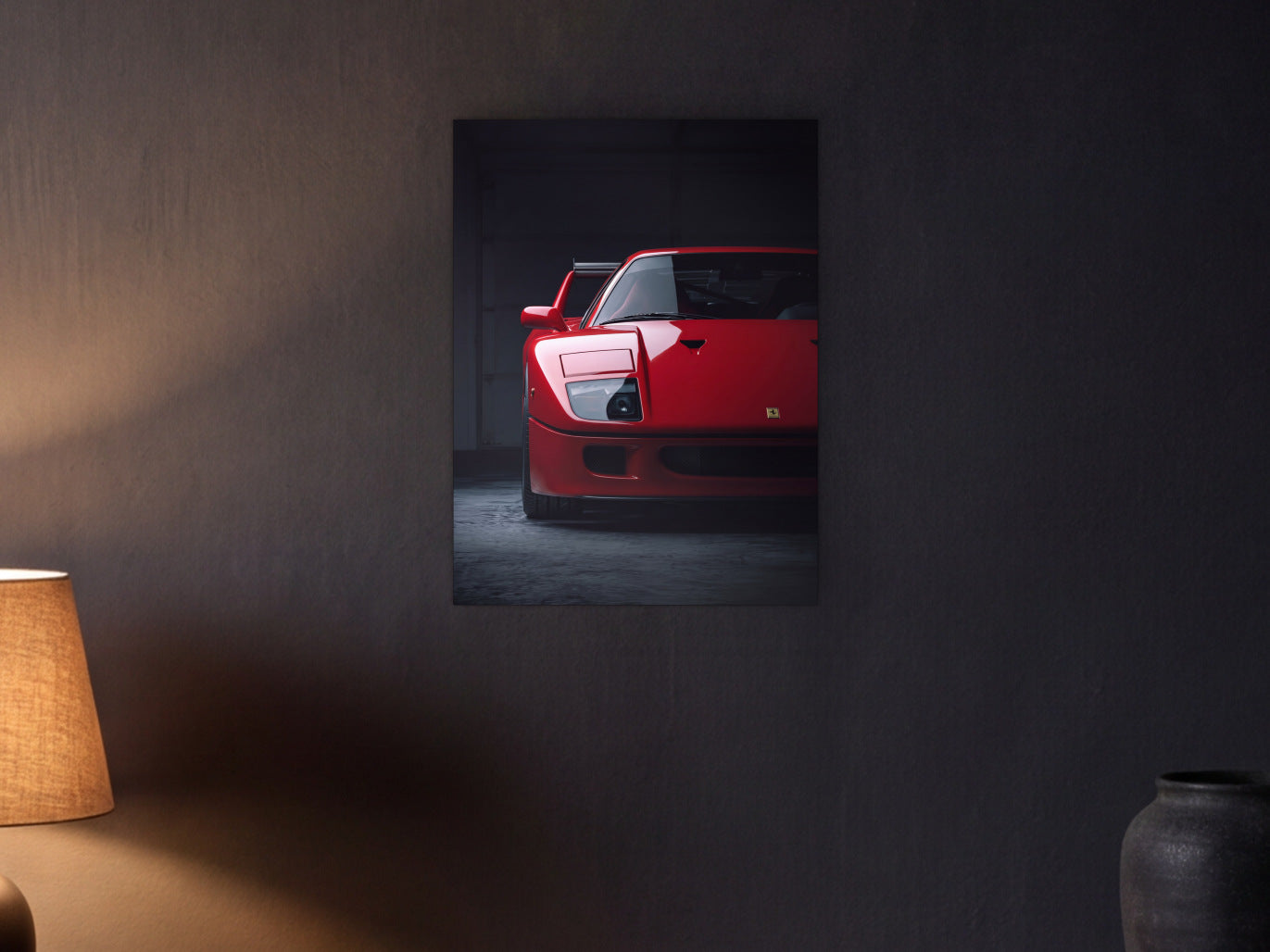 Ferrari F40 - Dark Garage shown in a graphite plaster wall at night, lit by a console lamp - scale render at 45 x 60 cm