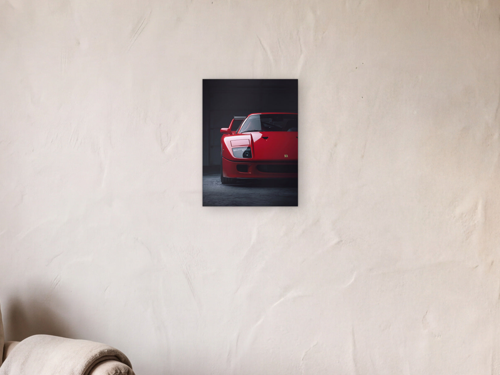 Ferrari F40 - Dark Garage shown in a limewash reading corner beside an armchair and a floor lamp - scale render at 30 x 40 cm