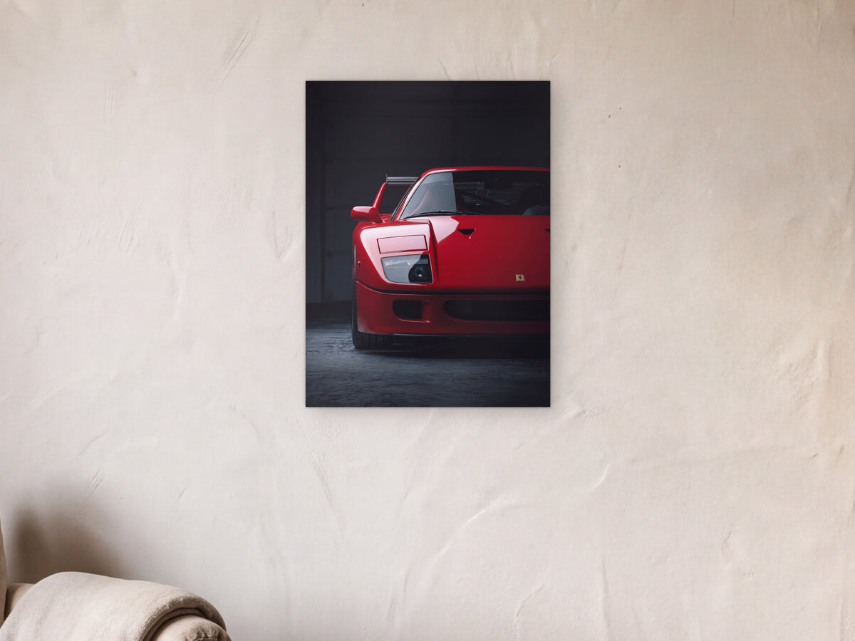 Ferrari F40 - Dark Garage shown in a limewash reading corner beside an armchair and a floor lamp - scale render at 45 x 60 cm