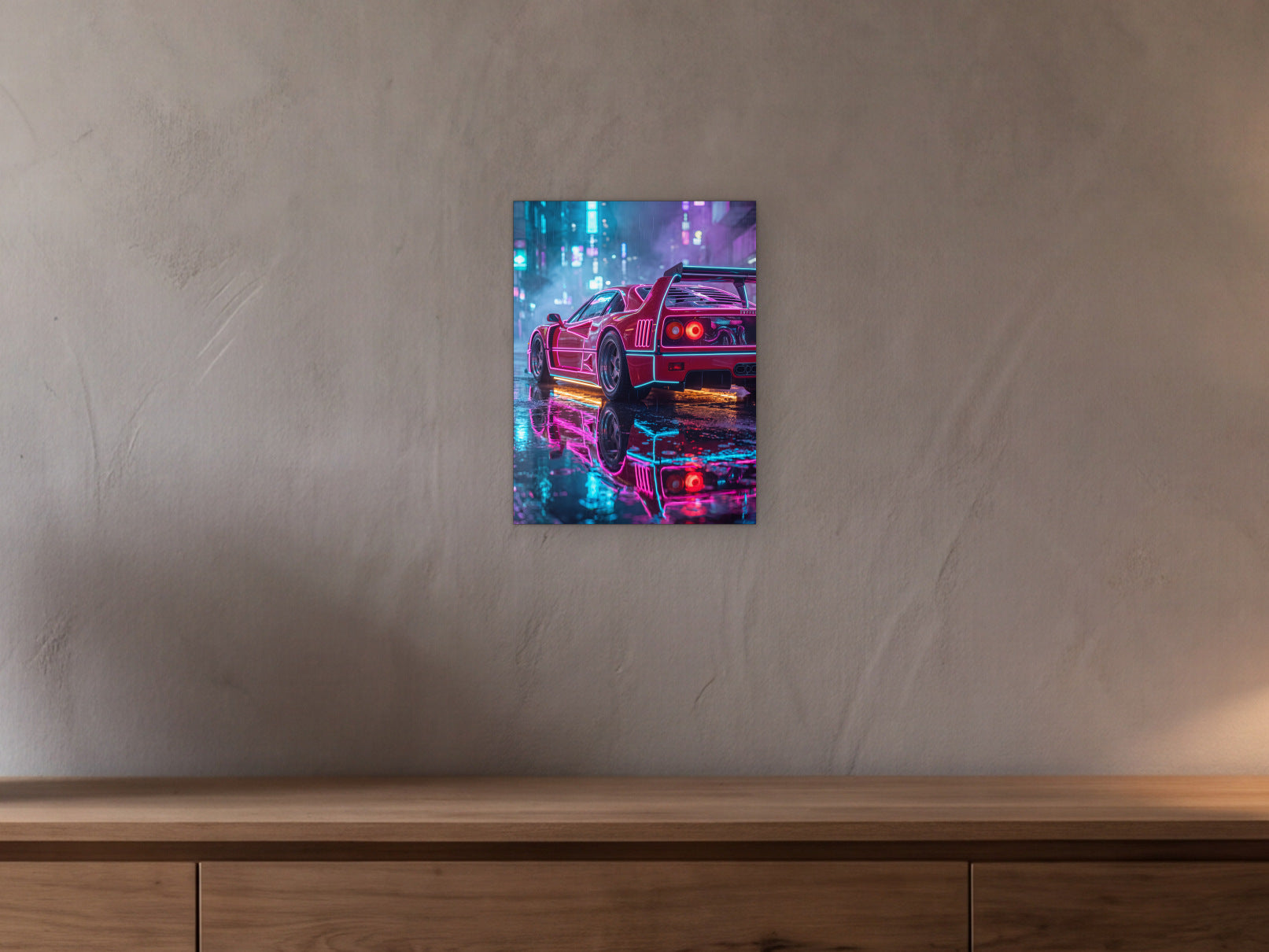 Ferrari F40 - Neon Reflections shown in a beamed room with a greige plaster wall above a long oak sideboard - scale render at 30 x 40 cm