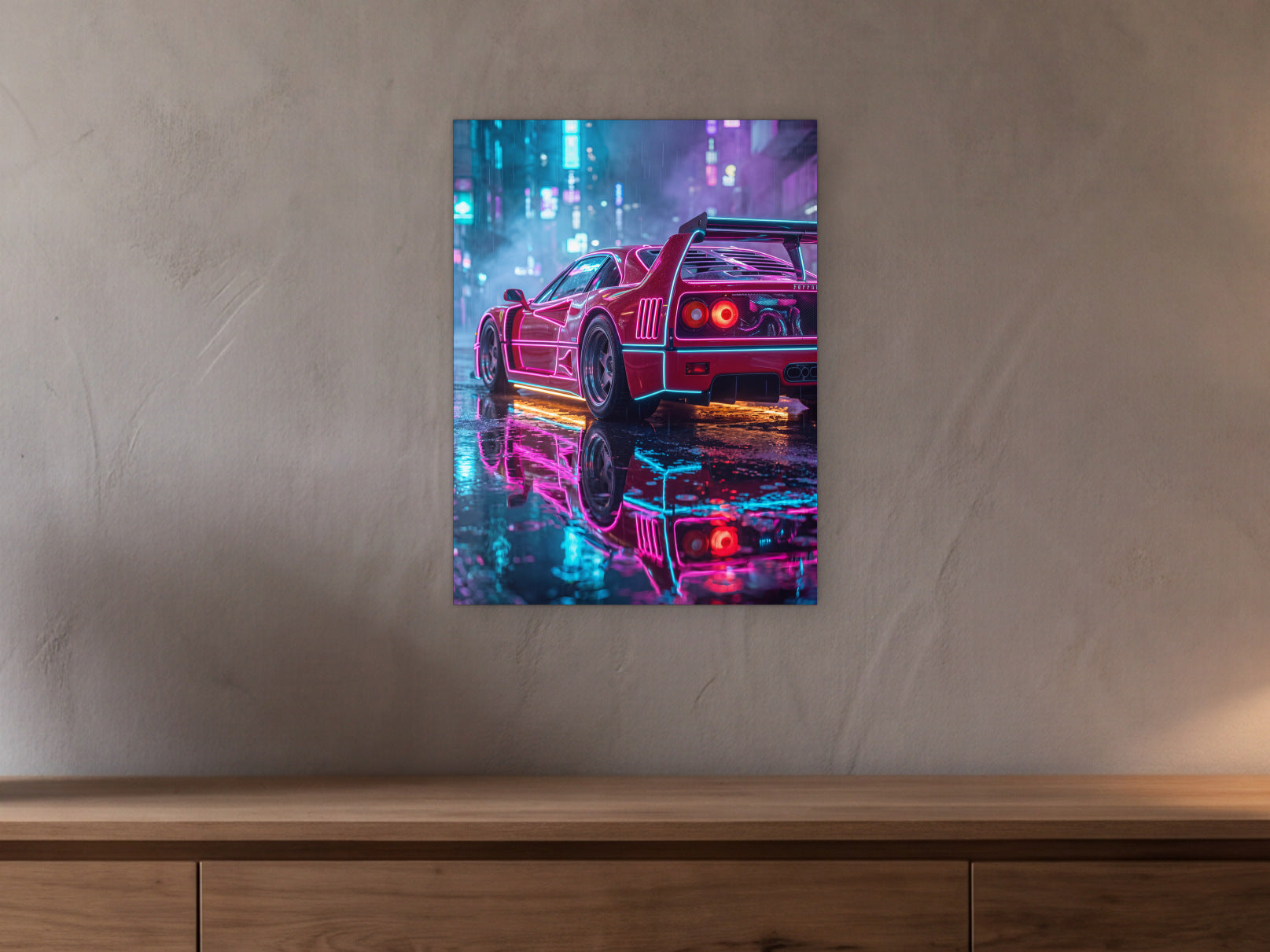 Ferrari F40 - Neon Reflections shown in a beamed room with a greige plaster wall above a long oak sideboard - scale render at 45 x 60 cm