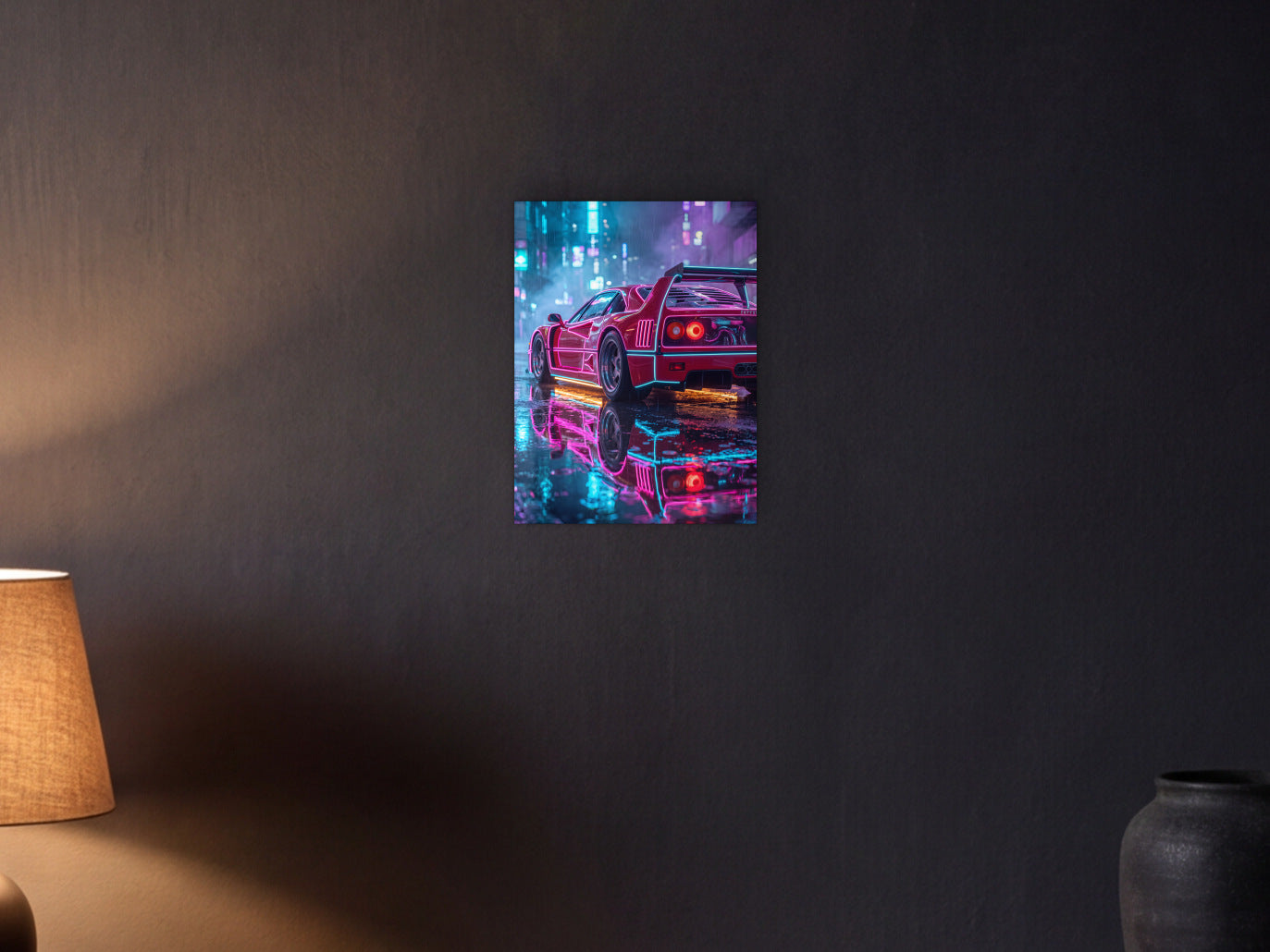 Ferrari F40 - Neon Reflections shown in a graphite plaster wall at night, lit by a console lamp - scale render at 30 x 40 cm