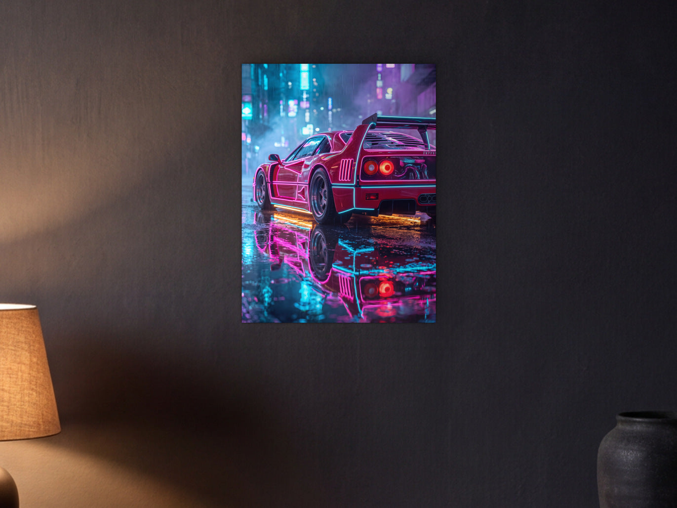 Ferrari F40 - Neon Reflections shown in a graphite plaster wall at night, lit by a console lamp - scale render at 45 x 60 cm