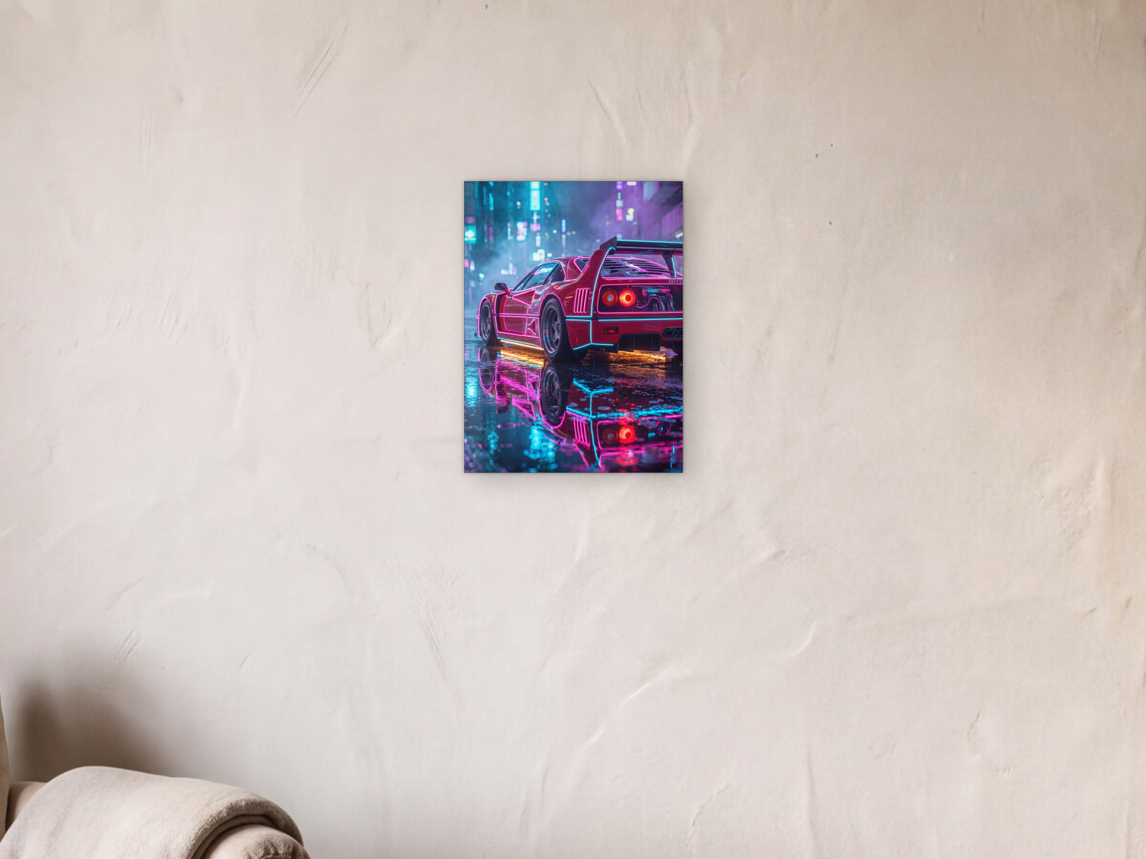 Ferrari F40 - Neon Reflections shown in a limewash reading corner beside an armchair and a floor lamp - scale render at 30 x 40 cm