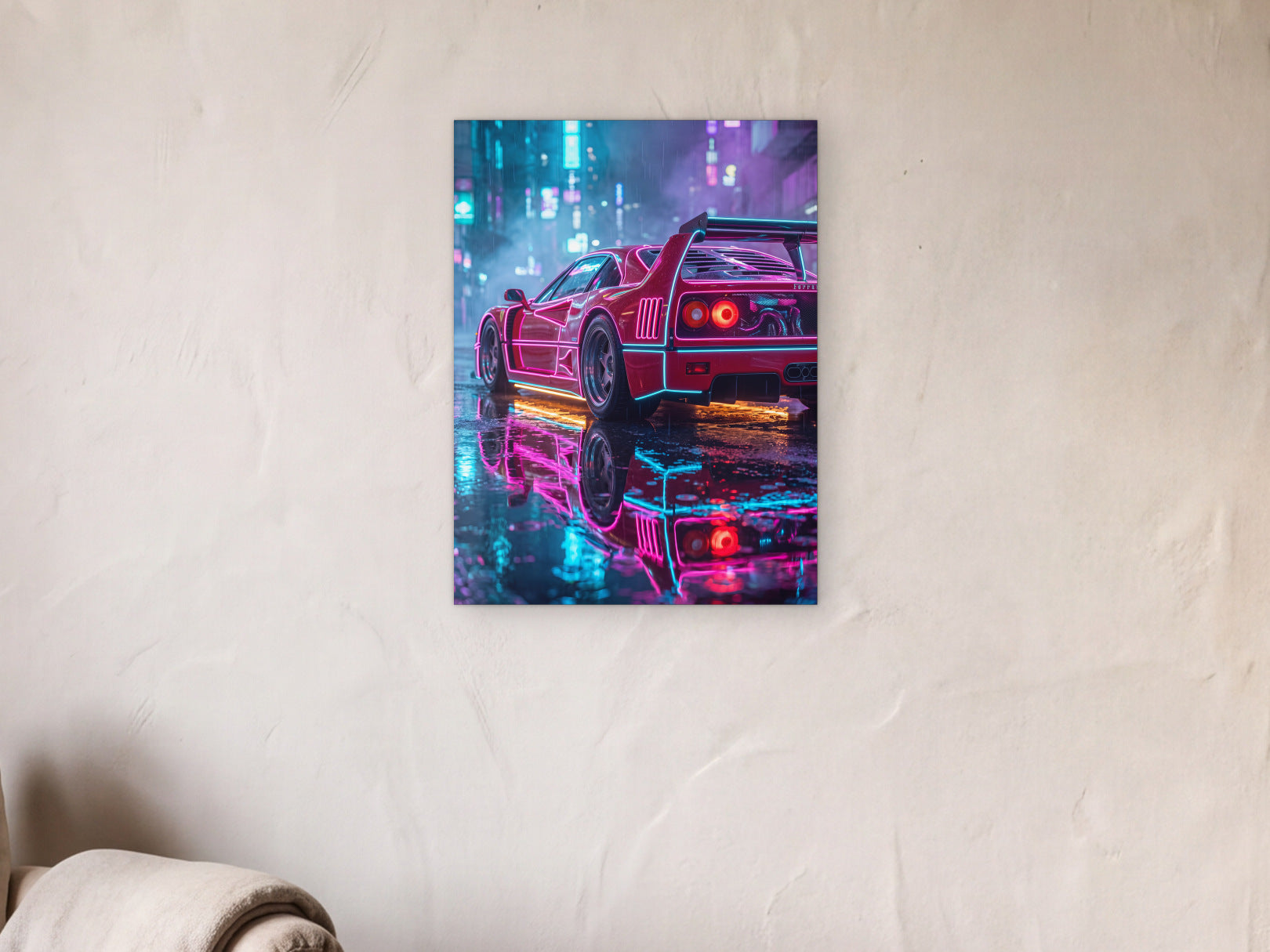 Ferrari F40 - Neon Reflections shown in a limewash reading corner beside an armchair and a floor lamp - scale render at 45 x 60 cm