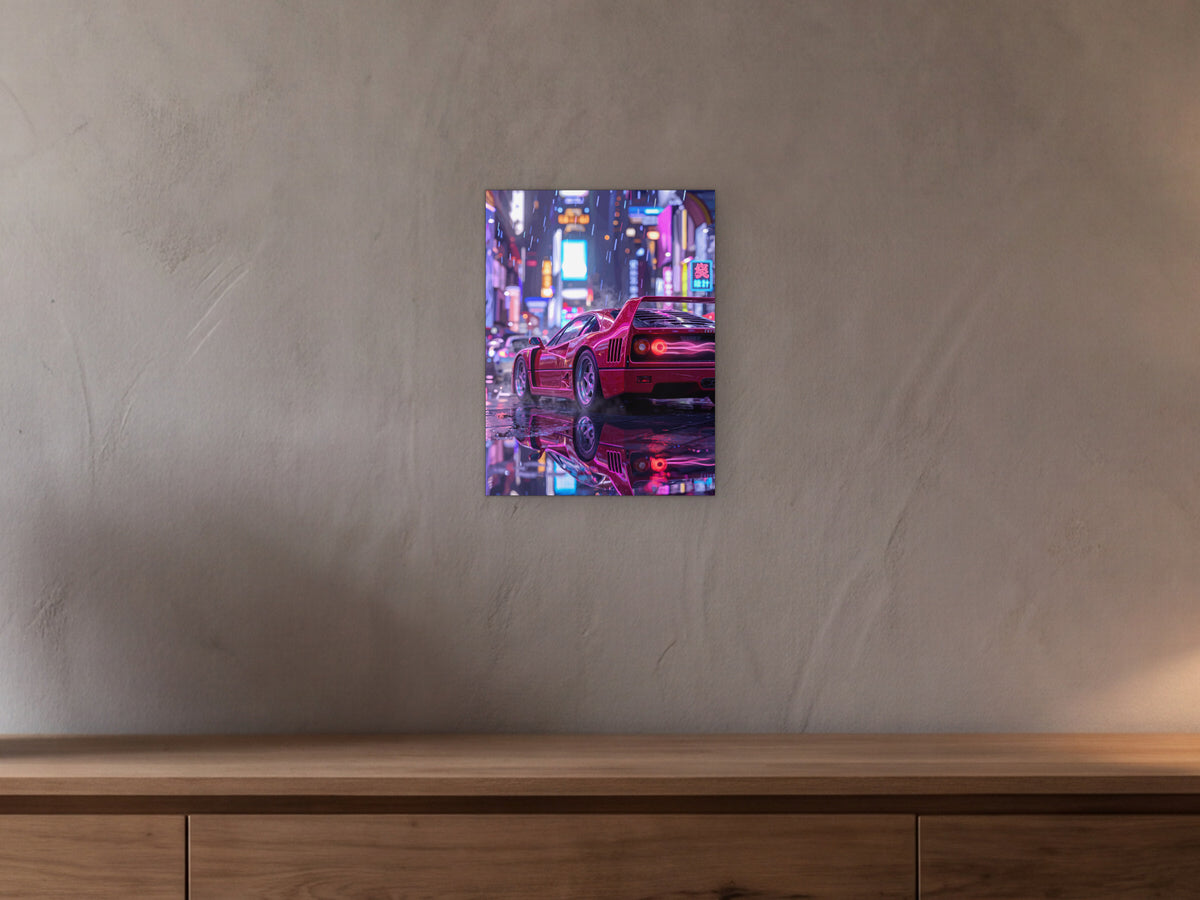 Ferrari F40 - Neon Street shown in a beamed room with a greige plaster wall above a long oak sideboard - scale render at 30 x 40 cm