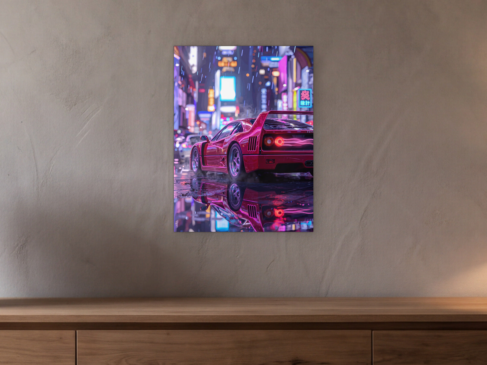 Ferrari F40 - Neon Street shown in a beamed room with a greige plaster wall above a long oak sideboard - scale render at 45 x 60 cm