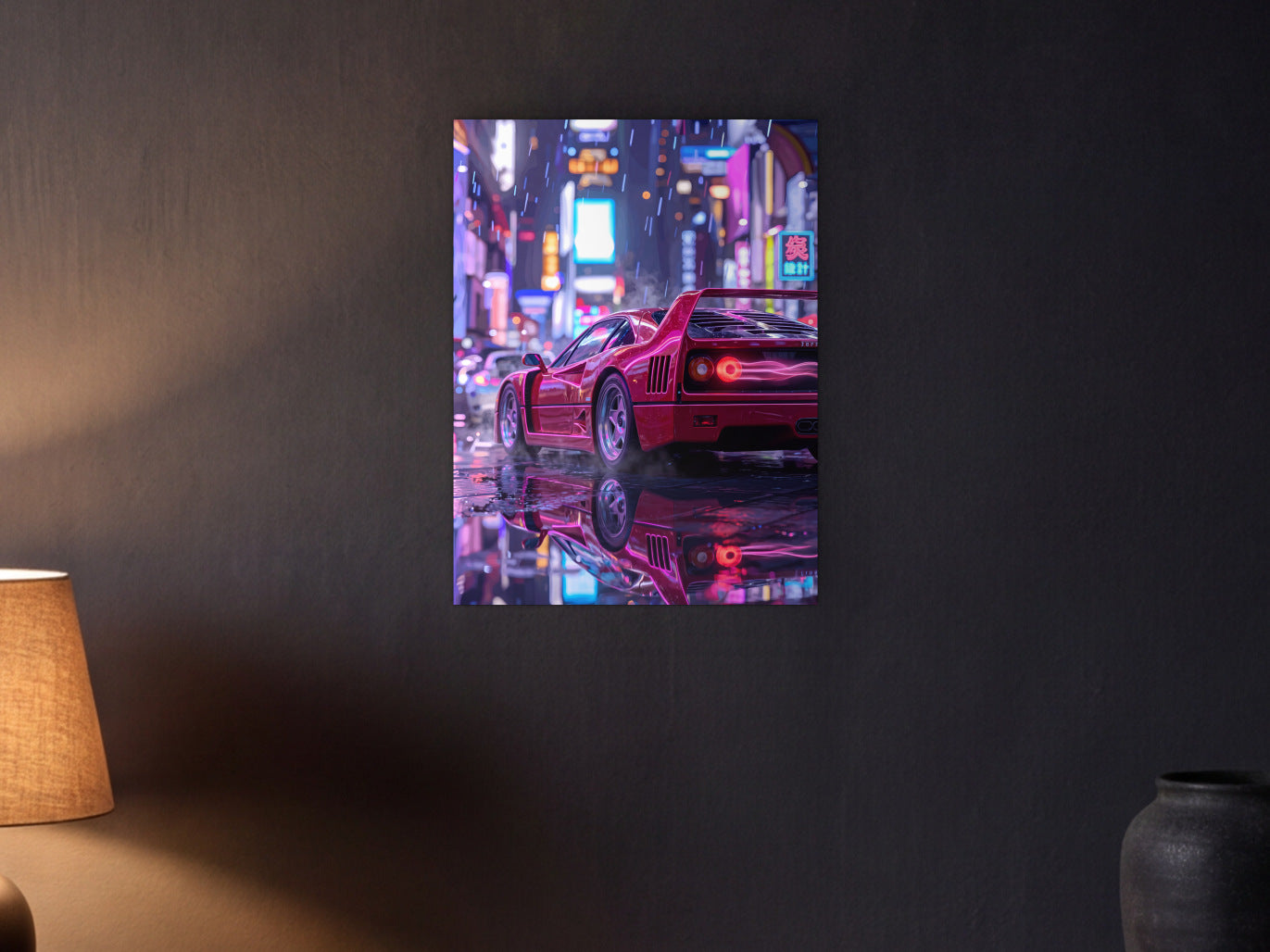 Ferrari F40 - Neon Street shown in a graphite plaster wall at night, lit by a console lamp - scale render at 45 x 60 cm