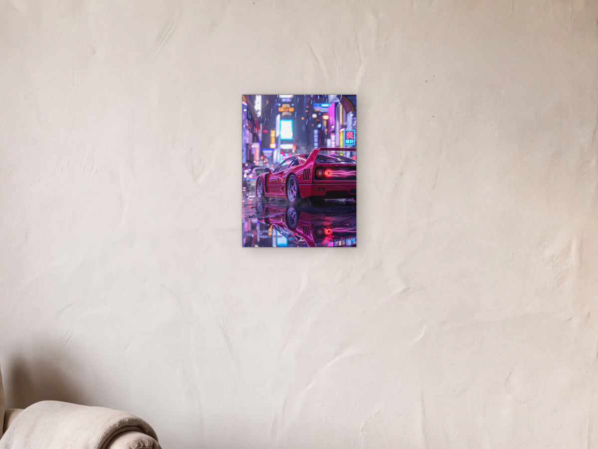 Ferrari F40 - Neon Street shown in a limewash reading corner beside an armchair and a floor lamp - scale render at 30 x 40 cm