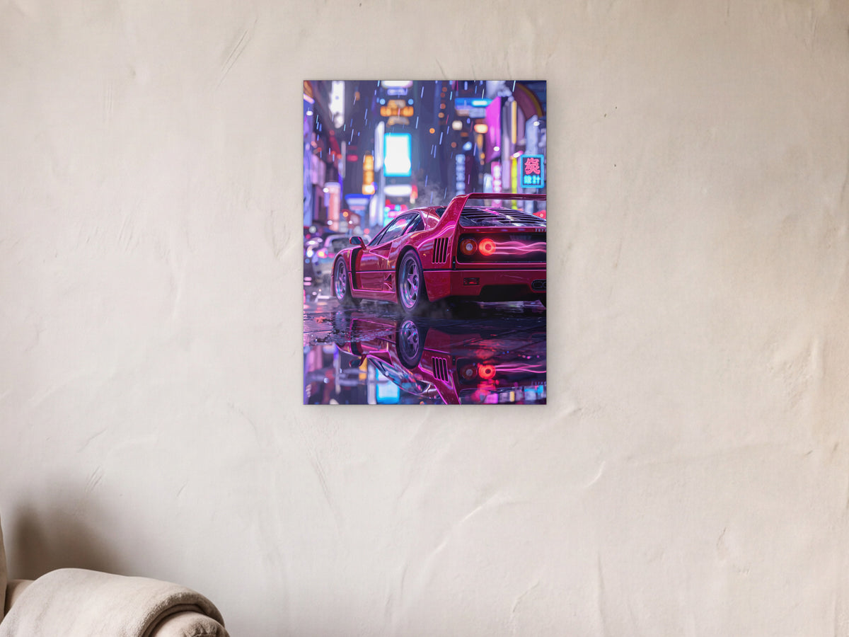 Ferrari F40 - Neon Street shown in a limewash reading corner beside an armchair and a floor lamp - scale render at 45 x 60 cm
