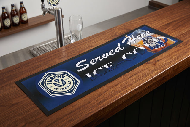 Furphy Beer Premium Rubber-Backed Bar Mat Runner on a bar top