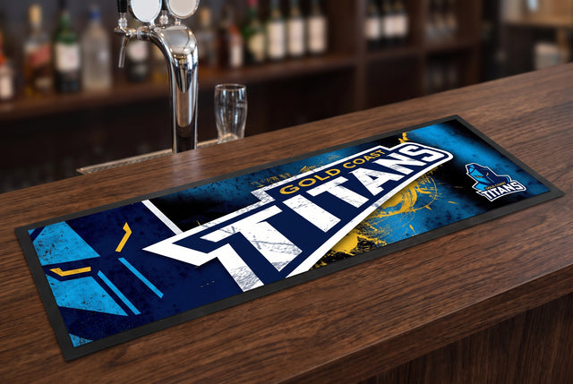 Gold Coast Titans NRL Premium Rubber-Backed Bar Mat Runner on a bar top